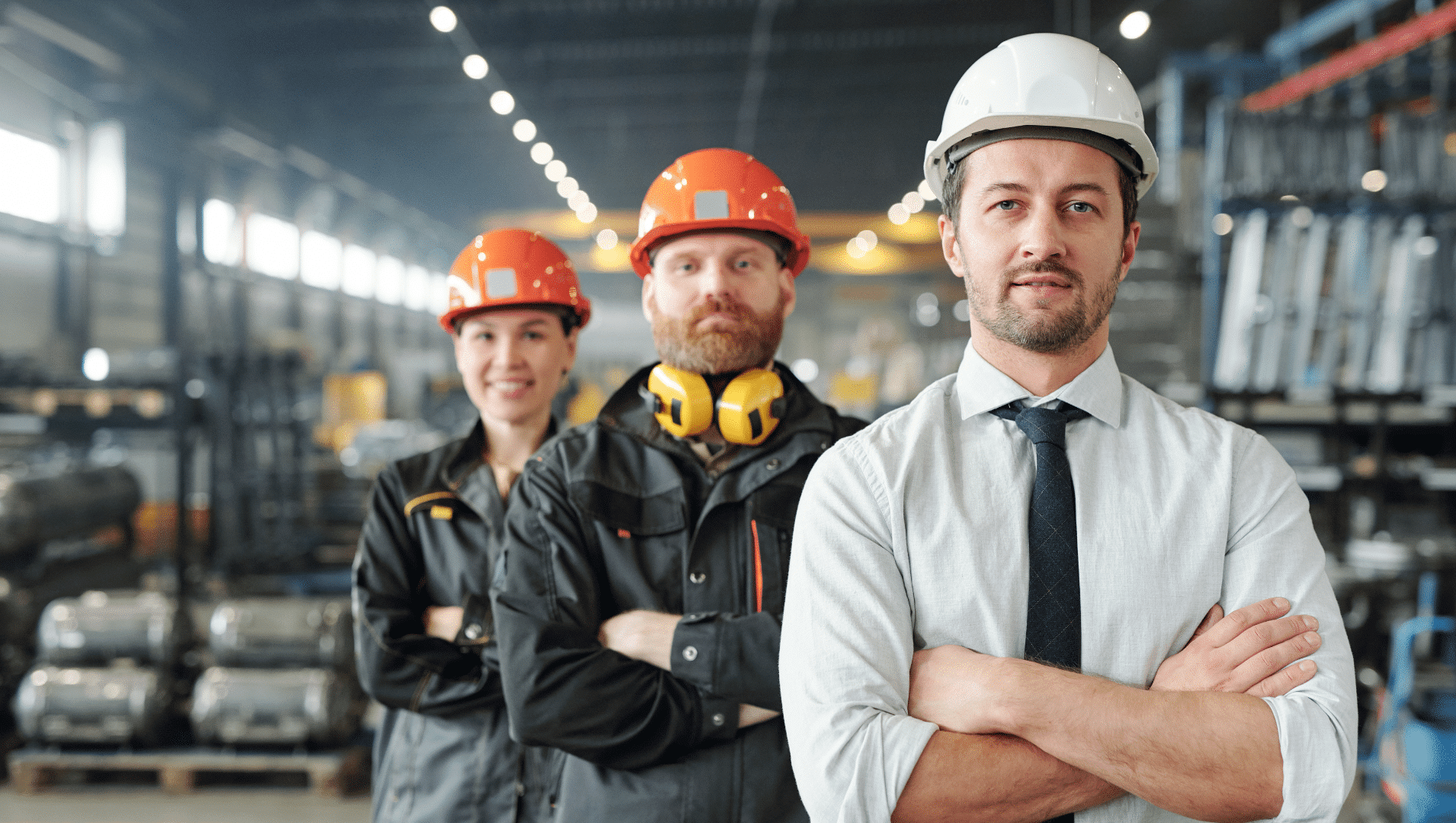 Construction team in warehouse